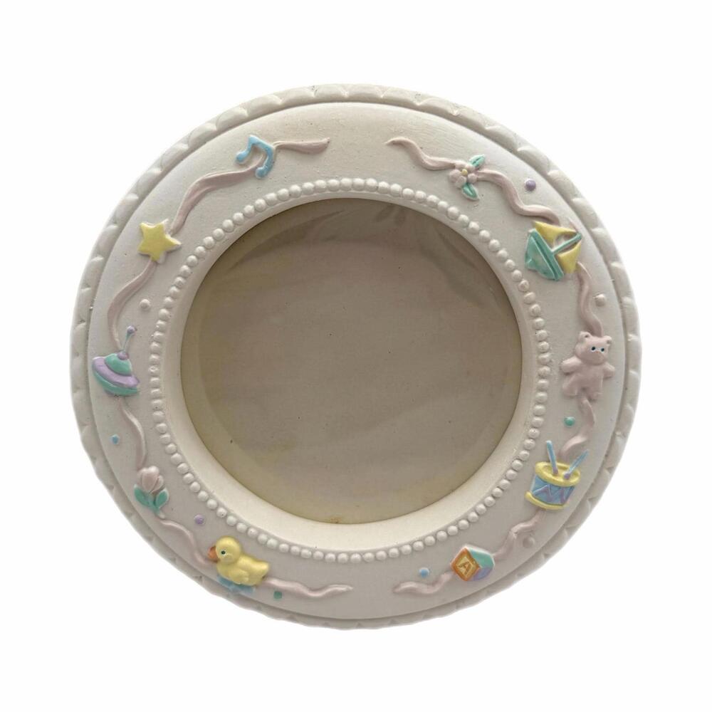 Vintage Russ Baby Round Ceramic Nursery Photo Frame – Raised Pastel Toys Detail